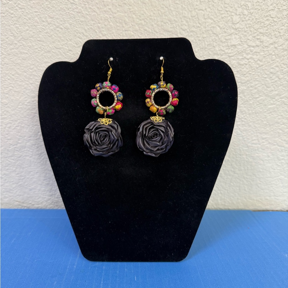 Artesanal Black Rose Drop Earrings with Multicolor Accents